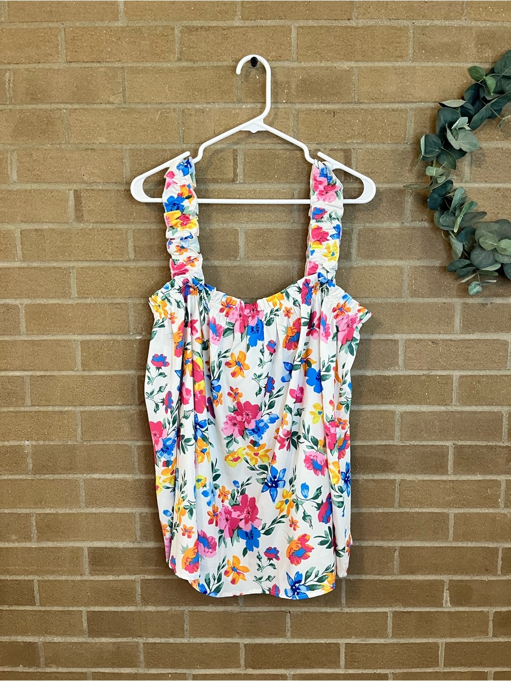 Chic Soul White Floral Ruffle-Strap Tank - Pink Blue Yellow